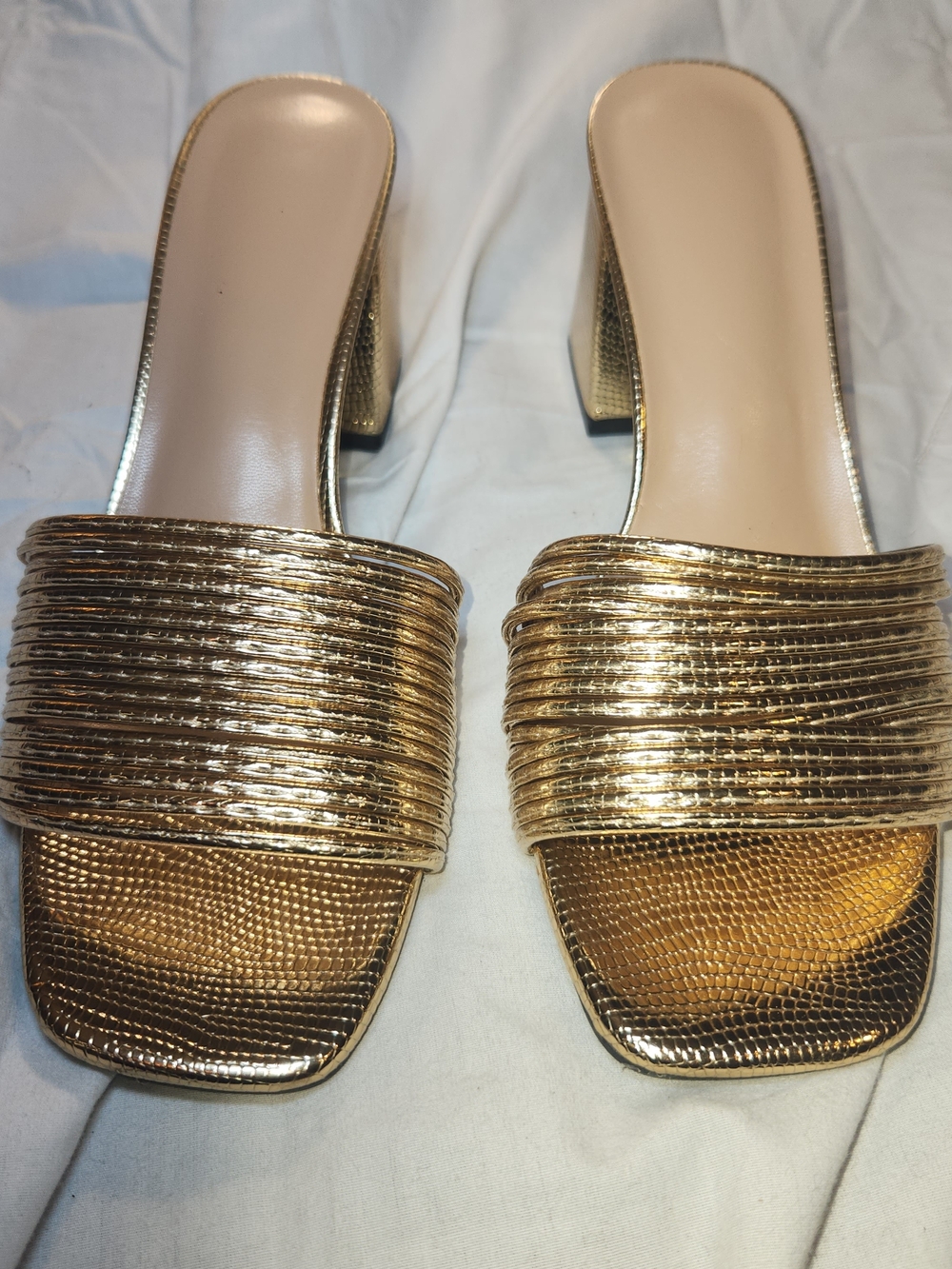 Gold Metallic Slide Heels for Women with Textured Straps 8.5